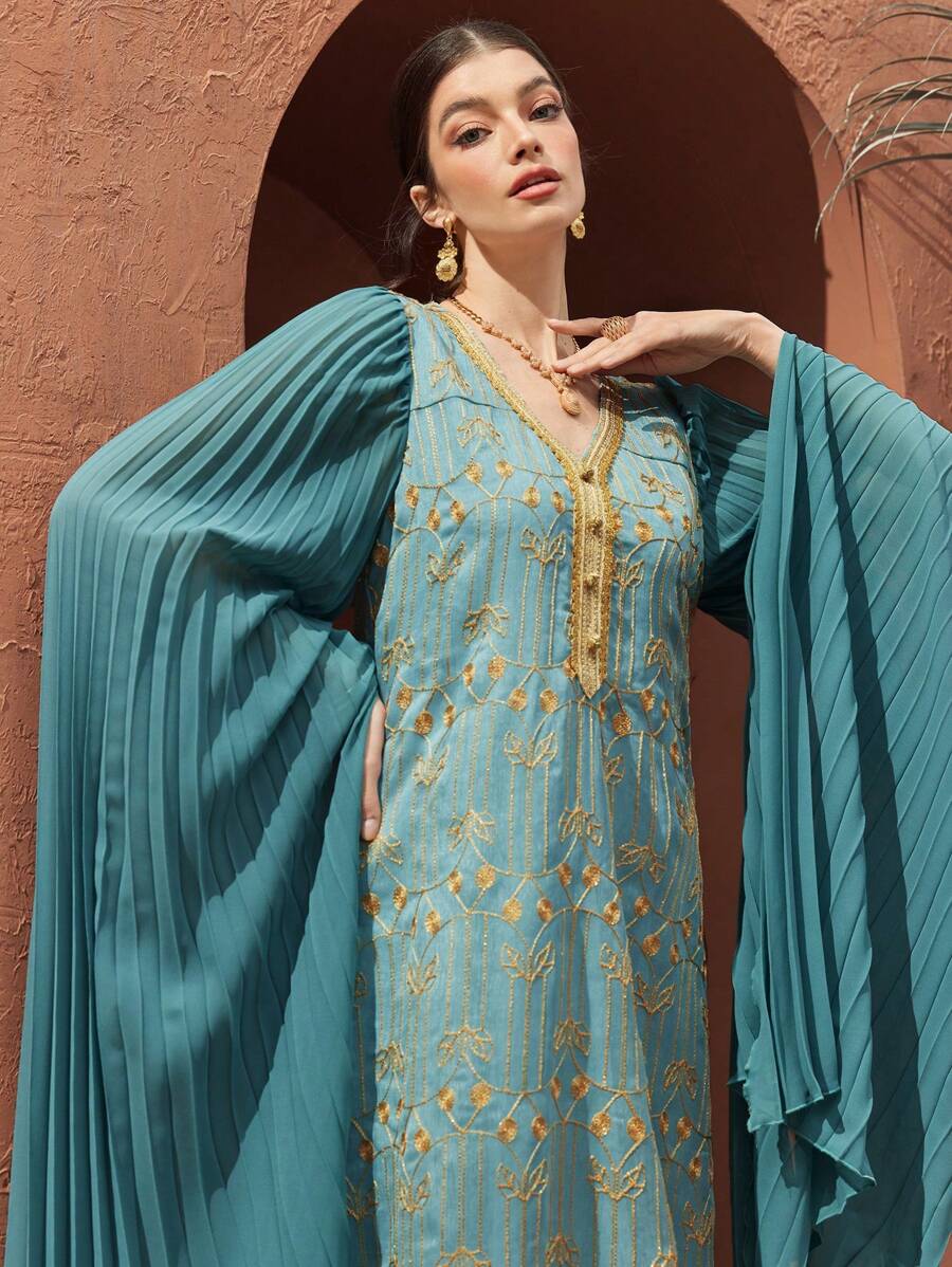 Al Najma 刺繡拼接披肩袖連衣裙 - 綠色 - 查看 1