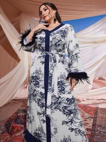 Al Najma Kích thước lớn Của phụ nữ Tiếng  Ả Rập Quần áo Với In thực vật Vá lại Thiết kế & Lông vũ - Màu xanh hải quân - Xem 4