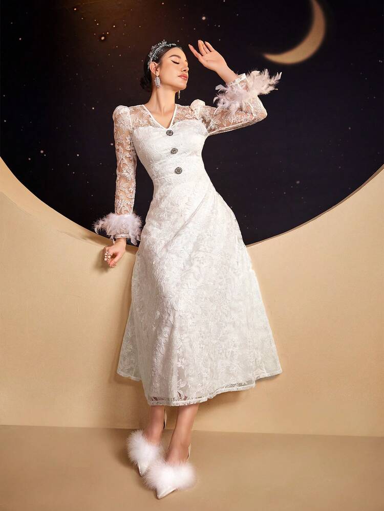 Women's Feather Cuff Lace Patchwork Dress