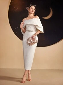 Modelyn 女士纯色吊带连衣裙，优雅晚会礼服长款晚礼服 - 米色 - 查看 11