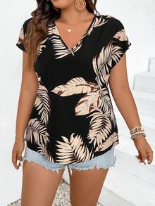 SHEIN Frenchy Kích thước lớn In thực vật Cổ chữ V Áo sơ mi - Nhiều màu - Xem 5