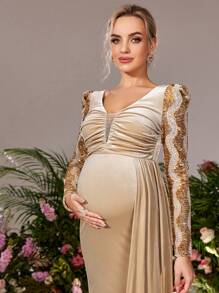 Faeriesty Dressalisa Maternity Plunging Neck Ruched Draped Side Velvet Formal Party Dress - Champagne - View 4