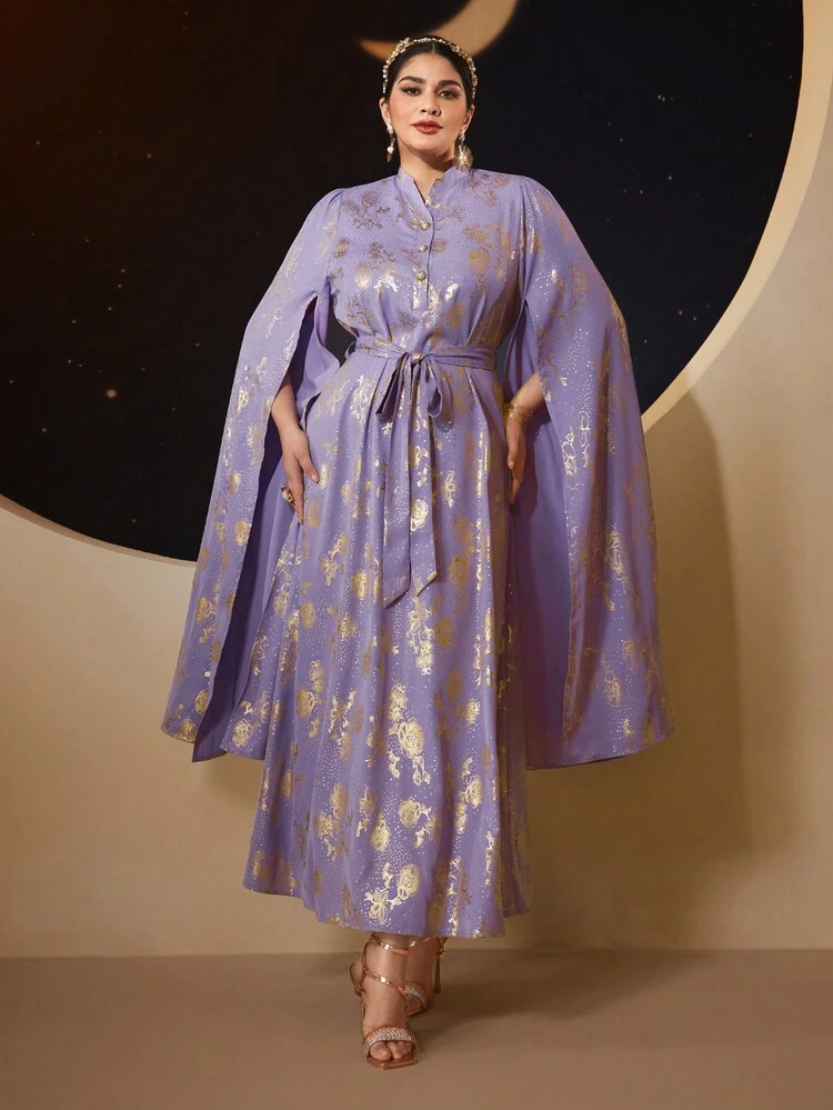 Plus Size Women's Arabic Style Dress With Gold Foil Print,Elegant Evening Party Dress Long Evening Dresses