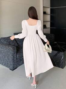 DAZY Ladies' Solid Color Square Neck With Ruffle Hem Sleeves, Pleated Ribbon Tie Dress, Fall Dress - White - View 2