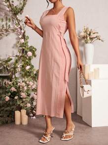 Chiquease Đầm Maxi Cổ Vuông Màu Trơn Xẻ Bên Cho Nữ Trang Phục Nữ - Hồng - Xem 6
