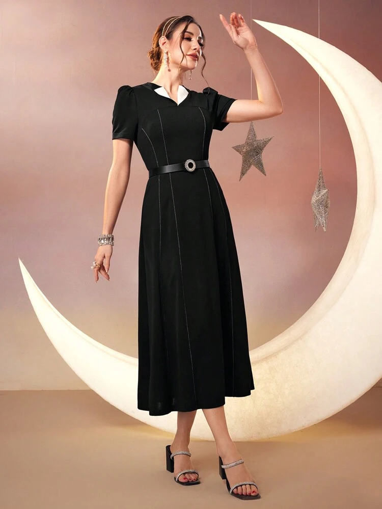 Women's Puff Sleeve Waist-Cinching A-Line Dress