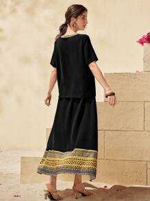 Al Najma Women's V-Neck Shirt With Fringe And Patchwork Ribbon & Skirt 2pcs Set 2 Piece Set - Black - View 7