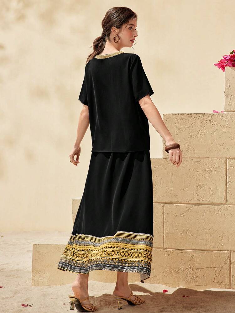 Women's V-Neck Shirt With Fringe And Patchwork Ribbon & Skirt 2pcs Set 2 Piece Set