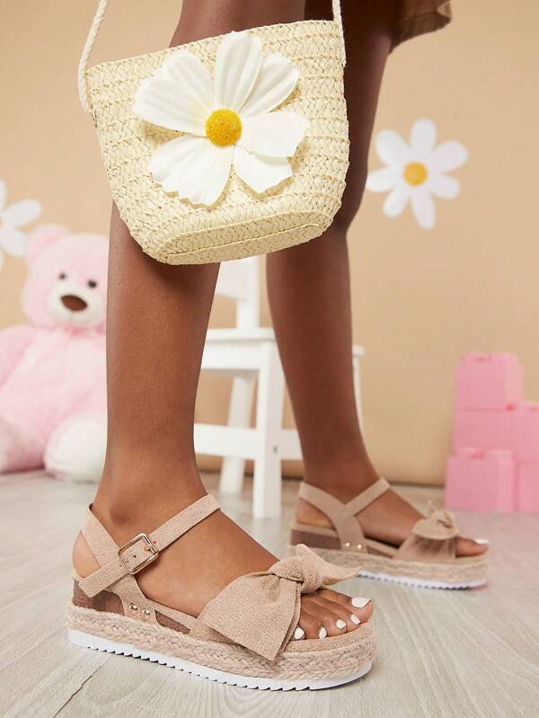 Mini mi Sandálias de plataforma em espadrille com laço feminino em tom bege, sonho de verão para meninas - abertas, fofas, confortáveis e clássicas