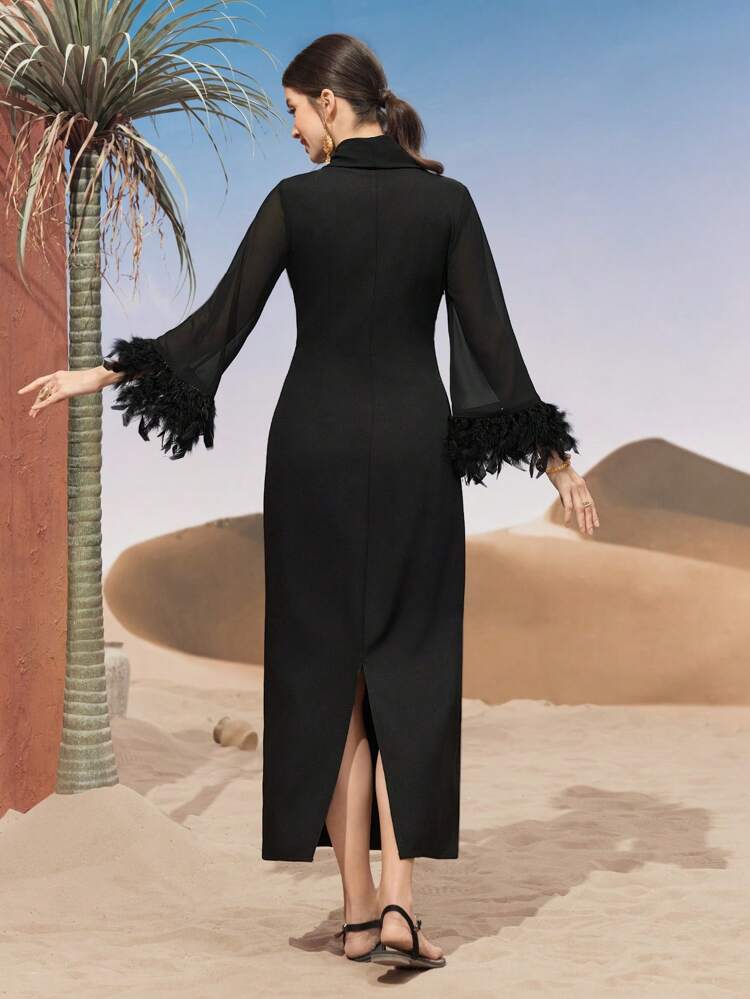 Women's Embroidery And Applique Spliced Flare Sleeve Dress Long Evening Dresses