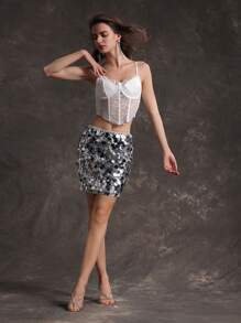 Zolique Silver Sequin Decor Bodycon Skirt - Silver - View 3