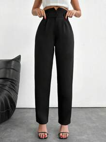 EURMUSE Black Slit Waist Straight Pants - Black - View 4