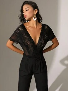 Anewsta Elegant Sexy Solid Color Lace & Mesh Contrast Bodysuit - Black - View 1
