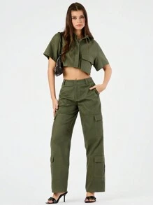 Forever 21 Của phụ nữ Màu thuần Quần Cargo Với Túi - xanh quân đội - Xem 1