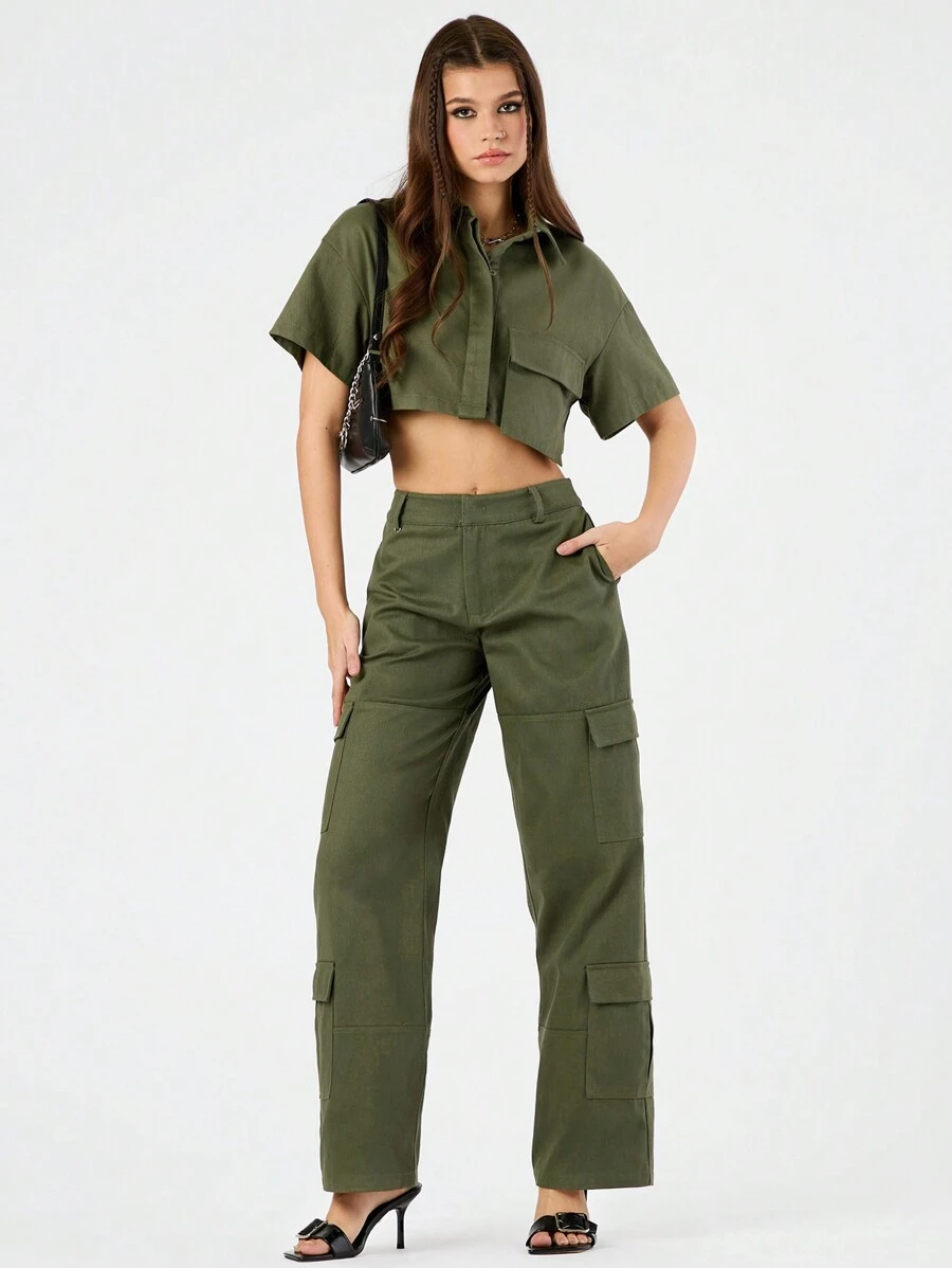 Forever 21 Của phụ nữ Màu thuần Quần Cargo Với Túi - xanh quân đội - Xem 1