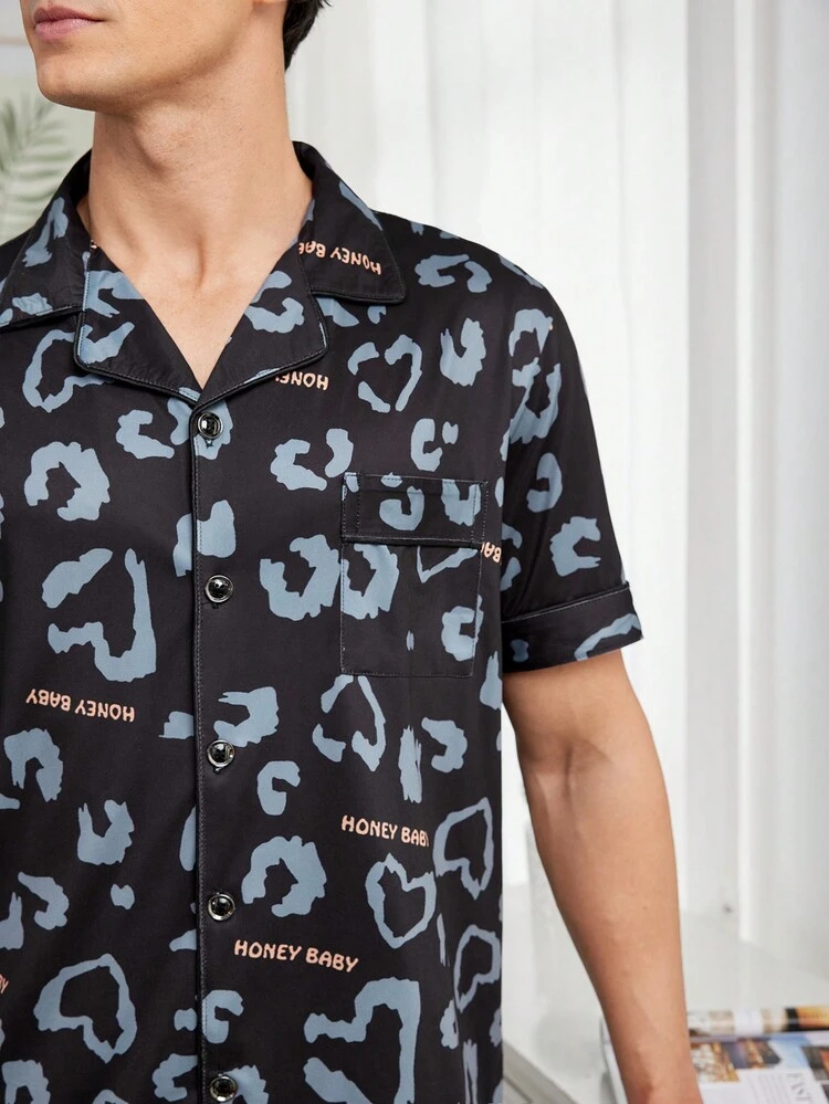 Men's Heart Print Short Sleeve Homewear Set