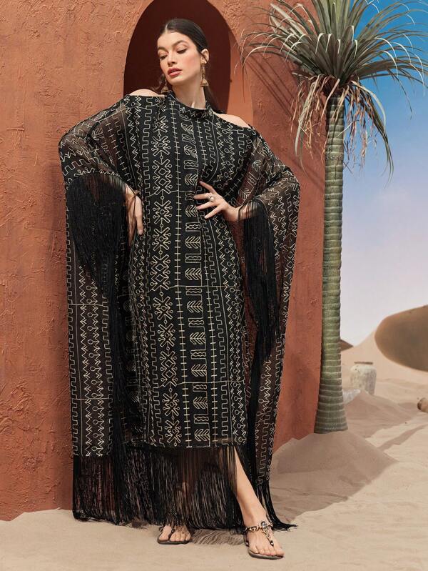 Al Najma Women's Full Printed Off-Shoulder Turkish Kaftan With Tassel Detailing