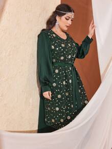 Al Najma Plus Size Women's Golden Printed Flower Pattern Lantern Sleeve Arabic Clothing