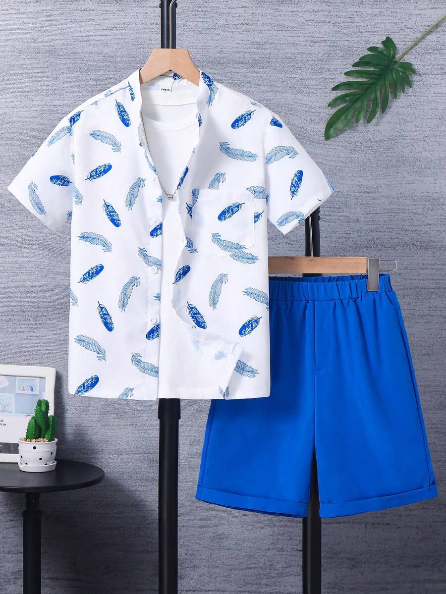 Set Di Maglietta Con Stampa Di Piume E Shorts A Tinta Unita Per Ragazzi Adolescenti - Blu reale - Visualizzare 1