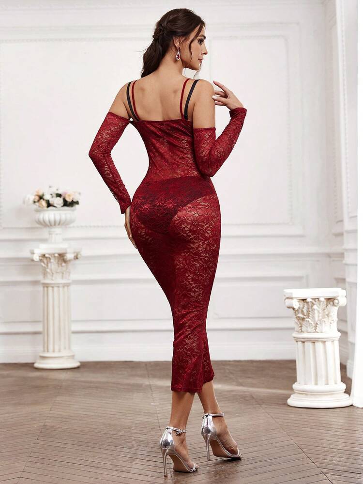 Cold-Shoulder Spaghetti Strap Lace Dress With Sheer Design