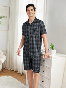 Set De Ropa Para Hombre, Camisa A Cuadros De Manga Corta Y Shorts Para Estar En Casa - Negro - Ver 3