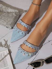 SHUZIA Women Rhinestone Decorated Pointed Toe Flat Mules For Daily Wear Summer Shoes Spring Shoes Spring Break Easter Mother's Day Present For Christmas - Blue - View 4