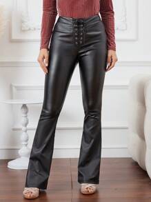 SHEIN LUNE Women's Fashionable Solid Color Cross Tie Slim Flared Pants - Black - View 3