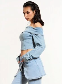 MUSERA Denim Bardot Long Top Spring 90's Sexy Summer