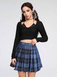 ROMWE Kawaii 復古性感二合一緊身長袖t恤女裝 - 黑色 - 查看 6