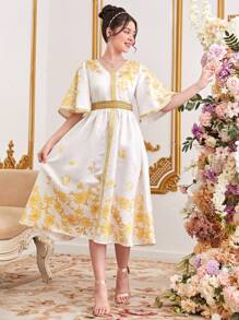 SHEIN Teen Girl's V-Neck Golden Flower Print Dress With Woven Tape Decoration