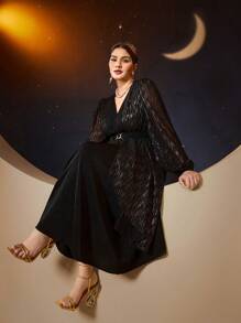 Modelyn 大码闪光拼布灯笼袖连衣裙长款晚礼服 - 黑色 - 查看 7