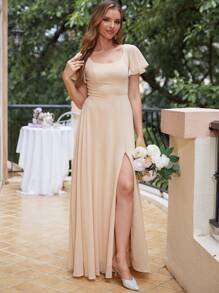 Jednolita Kolorowa Okrągła Dekolt Boczny Rozcięcie Talii Sukienka Dla Druhny - Szampan - Zobacz 4