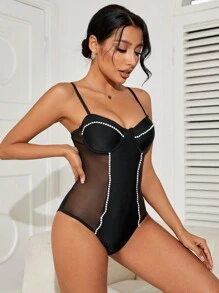 SHEIN Swim Summer Women's Mesh Panel Studded Cami One-Piece Swimsuit - Black - View 3