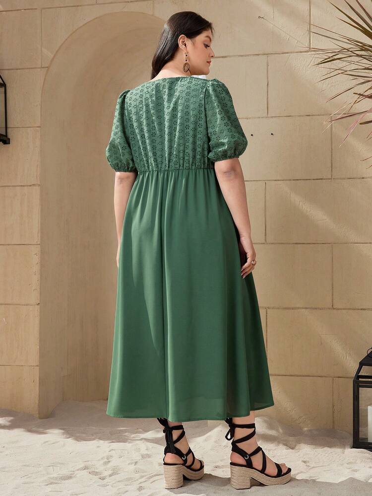 Plus Size Hollow Out Embroidery Patchwork Notched Collar Dress