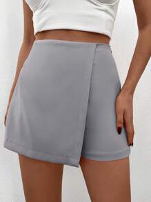 EURMUSE 100%Cotton Solid Color Asymmetrical Hem Skort - Grey - View 4
