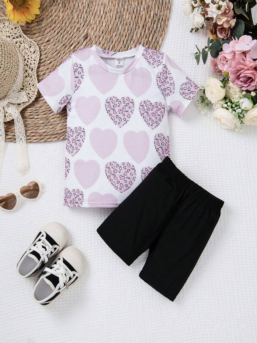 SHEIN 少女粉色愛心和豹紋印花上衣搭配黑色短褲2入組 - 彩色 - 查看 1