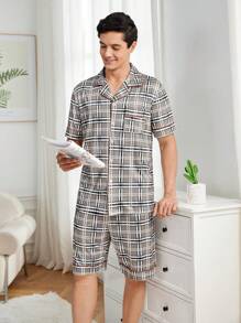 Men's Plaid Short Sleeve Homewear Set - Grey - View 5