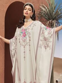 Al Najma Women's Turkish Floral Print Batwing Sleeve Long Shirt Kaftan - Multicolor - View 3