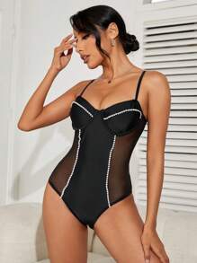 SHEIN Swim Summer Women's Mesh Panel Studded Cami One-Piece Swimsuit - Black - View 1