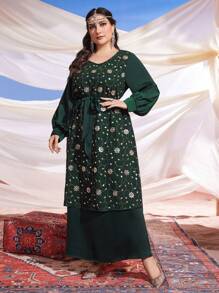 Al Najma Plus Size Women's Golden Printed Flower Pattern Lantern Sleeve Arabic Clothing