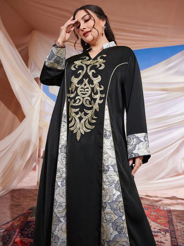 Plus Size Embroidered A-Line Maxi Length Arabian Dress, Elegant Maxi Jalabiya