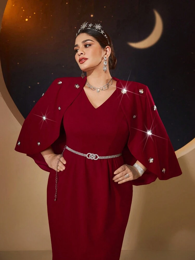 Burgundy Red Plus Size Women's Cape Style Glitter Dress,Elegant Evening Party Dress Long Evening Dresses