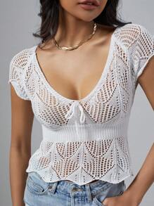 SHEIN Unity Women's Hollow Out Knitted Top With Front Tie - White - View 1