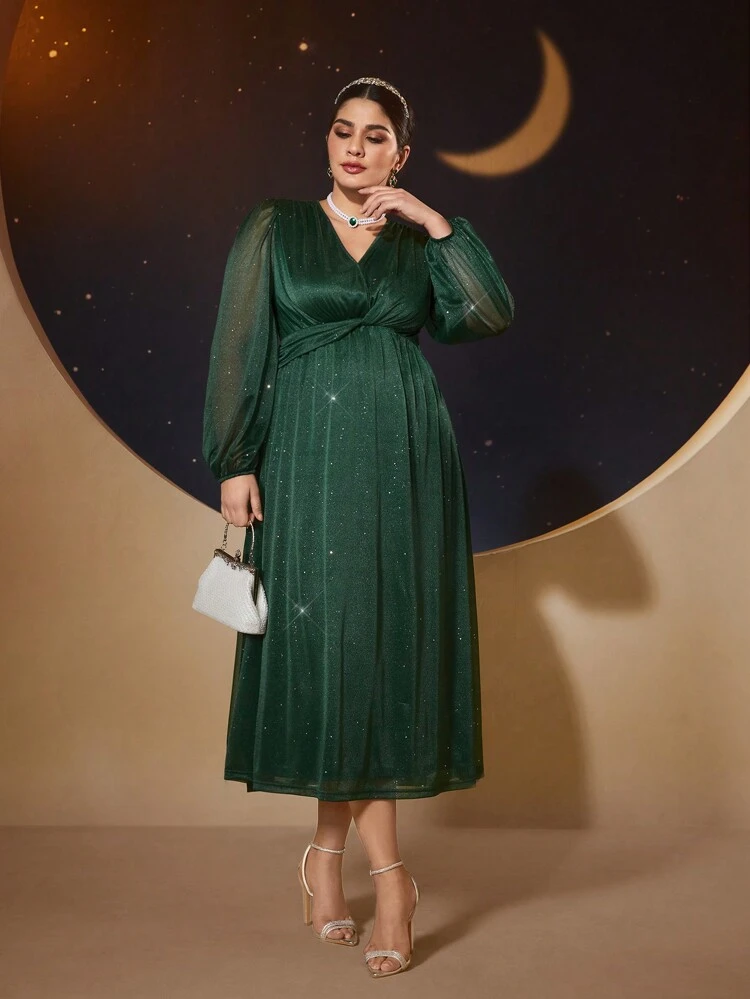 Plus Size Women's Shiny Lantern Sleeve Arabic Style Dress,Elegant Evening Party Dress Long Evening Dresses