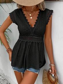 SHEIN Frenchy Guipure Lace Insert Peplum Tee Black Summer Casual - Black - View 4