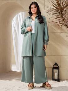 Mulvari 大码女式拼布编织腰带长袖衬衫和裤子两件套 - 綠色 - 查看 6