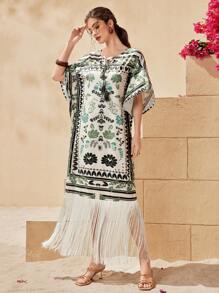 Seusyu 女士植物印花長裙,流蘇扎帶裙 - 彩色 - 查看 6