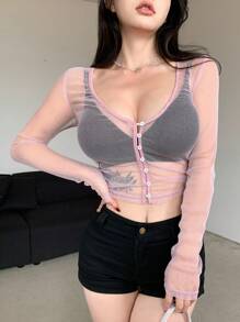 DAZY 女士透視網眼修身短款上衣 - 紫色 - 查看 8