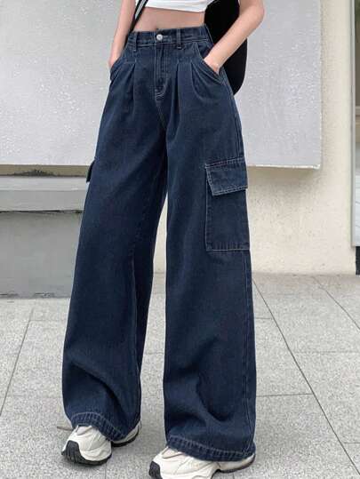 DAZY Women's Loose Fit Wide Leg Denim Pants With Pockets,Baggy Jeans