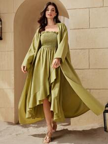 Al Najma Women's Drop Shoulder Coat And Wrapped Bust Shirred Dress Two Pieces Set 2 Pieces Set